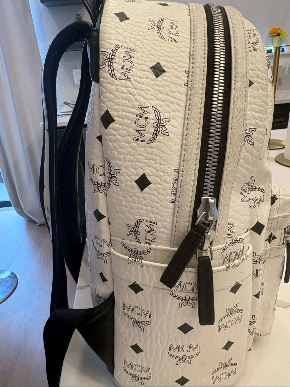 MCM White Logo Print Stark Backpack with Black Accents